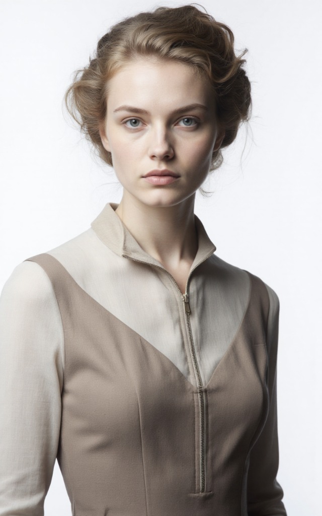 A French female model wearing a dress with a Zip   collar, white background, front   facing bust portrait